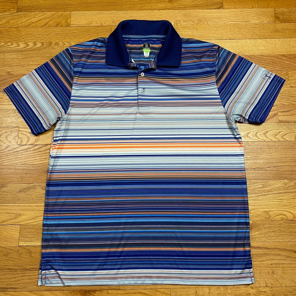 PGA Tour Pro Series Polo Mens XL Blue Orange‎ Striped Athletic Fit Golf Shirt